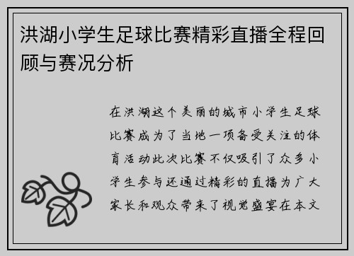 洪湖小学生足球比赛精彩直播全程回顾与赛况分析